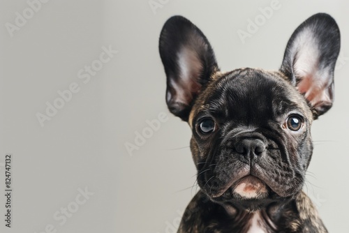Close-up of a charming french bulldog puppy with oversized ears and an endearing gaze isolated against a neutral background, perfect for pet lovers and animal-themed designs © Enigma