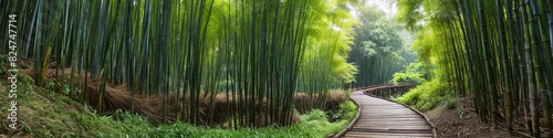 A path in a bamboo forest with bamboo trees in the background.