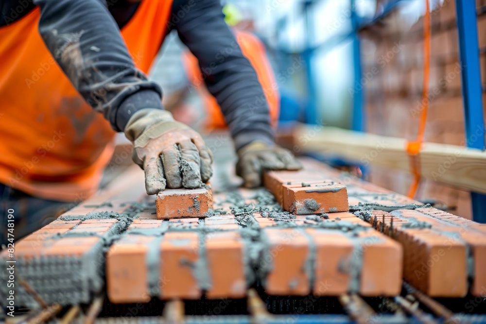 Close-up of bricklayer working on construction site, installing bricks and building a wall