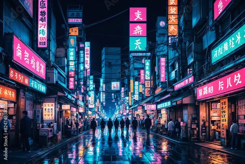People walking and shopping at night under bright neon sign lights from stalls and shops lining a Japanese city street. A nightlife scene in busy commercial and entertainment district in Tokyo, Japan. © Sweeann