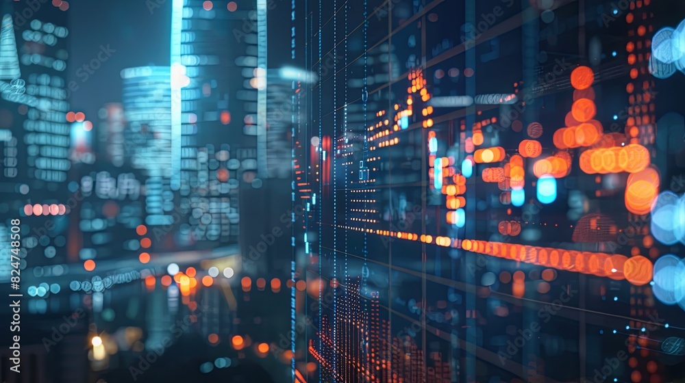 stock market data on digital screen, blue and orange color theme, city background stock market data on digital screen, blue and orange color theme, city background