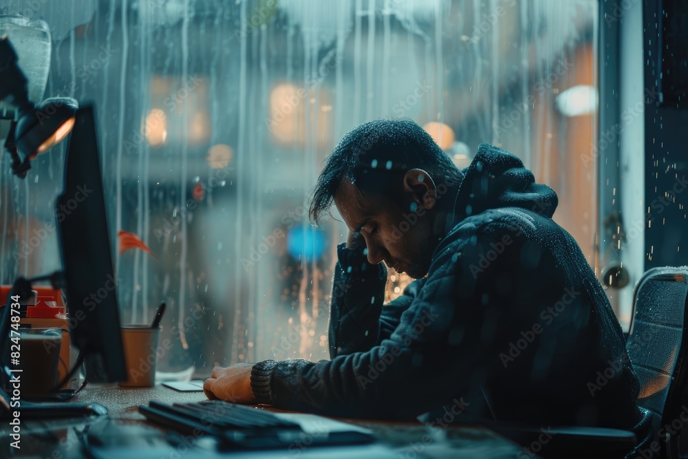 The worried man next to the computer The worried man next to the computer