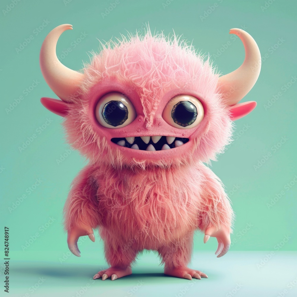 Fototapeta premium Horned Monster 3D Icon Depict a cute monster with small stubby horns and short, tufted pink fur. The monster should have a mischievous grin, AI Generative
