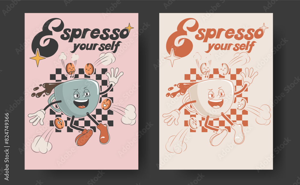 Retro posters with mascot cups of hot drink, cappuccino, latte, espresso in trendy vintage style with monochromatic version. Espressoo yourself Retro posters with mascot cups of hot drink, cappuccino, latte, espresso in trendy vintage style with monochromatic version. Espressoo yourself