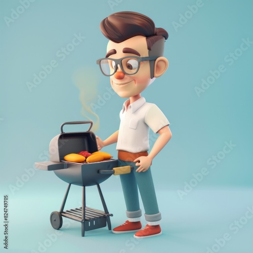 Man at a Barbecue Depict a 3D cartoon of a casual Caucasian man grilling at a barbecue, AI Generative
