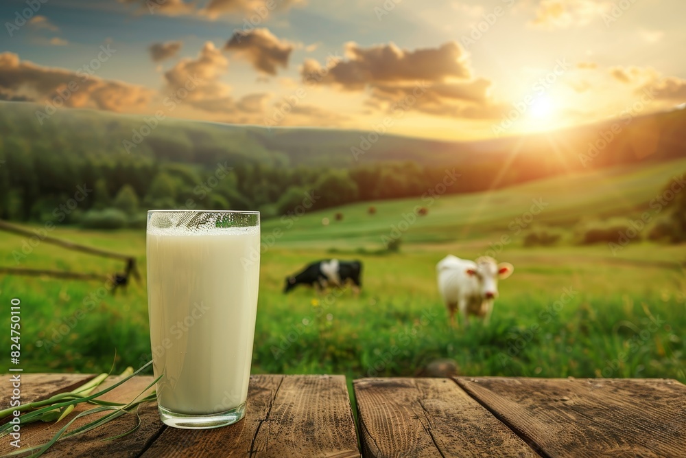 Fresh milk in glass on wooden table with cows grazing on lush green grass in rustic farm landscape