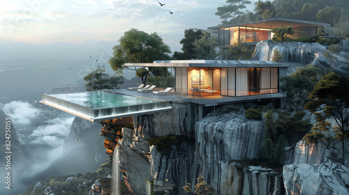 A minimalist house built into a cliffside, with a cantilevered deck, offering breathtaking views.  photo