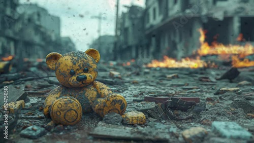 Bear doll with city ruin background after apocalypse war animation looping video background  photo