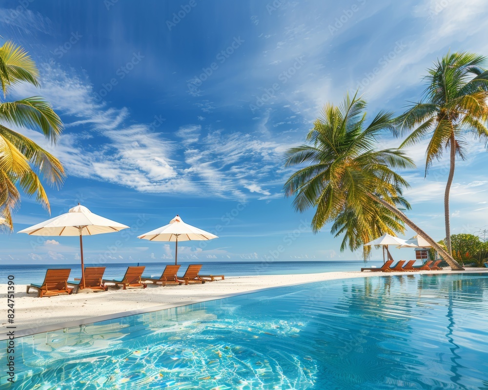 Luxury beach resort. swimming pool, palm trees, beach chairs, relaxing seaside vacation Luxury beach resort. swimming pool, palm trees, beach chairs, relaxing seaside vacation