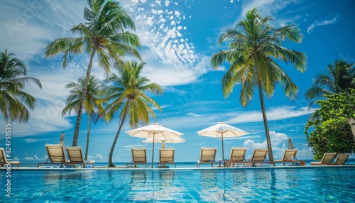 Luxury beach resort swimming pool and relaxing seaside vacation landscape with palm trees