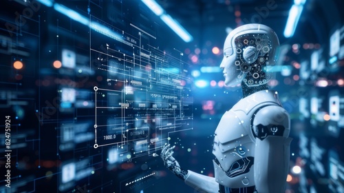 Artificial intelligence robot control futuristic data screen