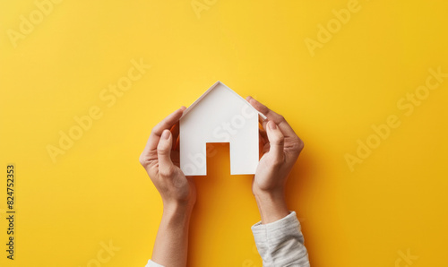 A female holding a paper house on a colorful background. Real estate background