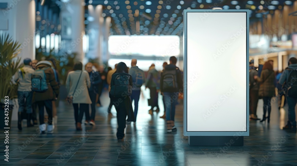 A white advertising mockup display installed in the middle of a crowded conference hall. A white advertising mockup display installed in the middle of a crowded conference hall.