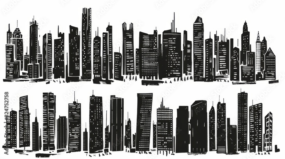 Hand drawn silhouettes of city skyscrapers set against a transparent ...