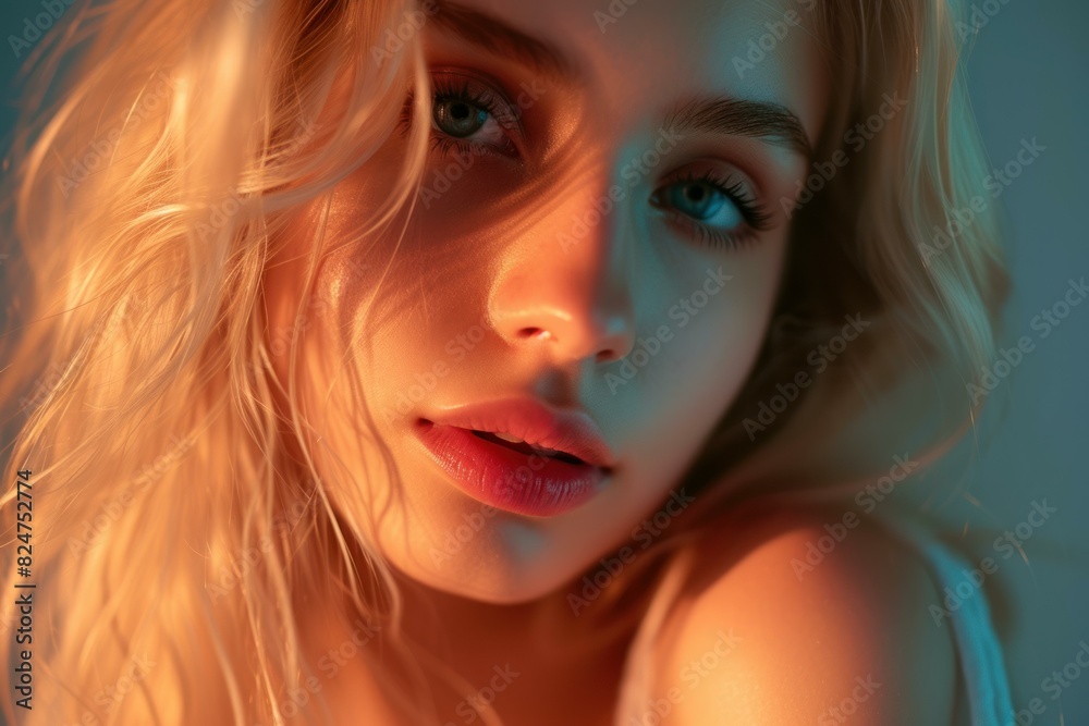 Portrait of a young woman with captivating eyes bathed in orange and teal hues Portrait of a young woman with captivating eyes bathed in orange and teal hues