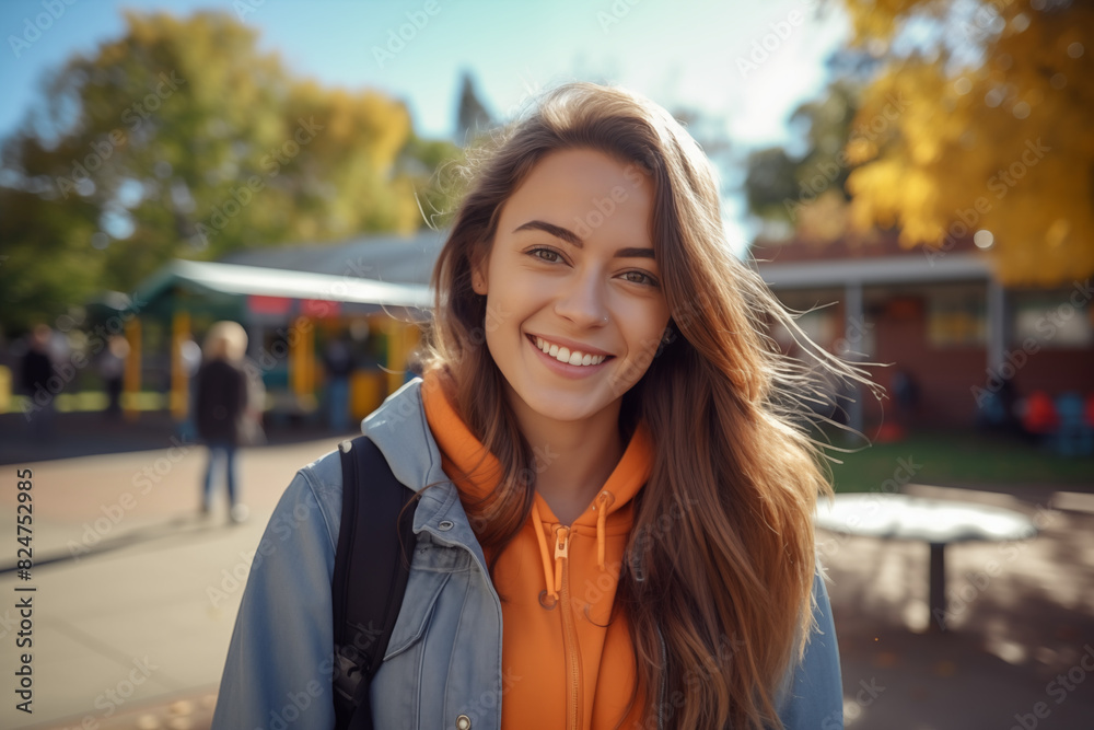 Smiling white student in the school playground. American student. European student. Topics related to education. University open house. Back to school. School holidays. French. 