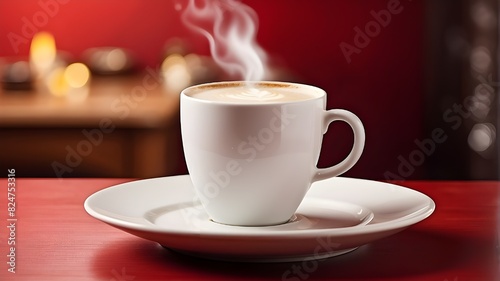 A warm red background contrasts with a white coffee cup with froth on top  setting the scene for a homey vibe. The saucer matches the cup.