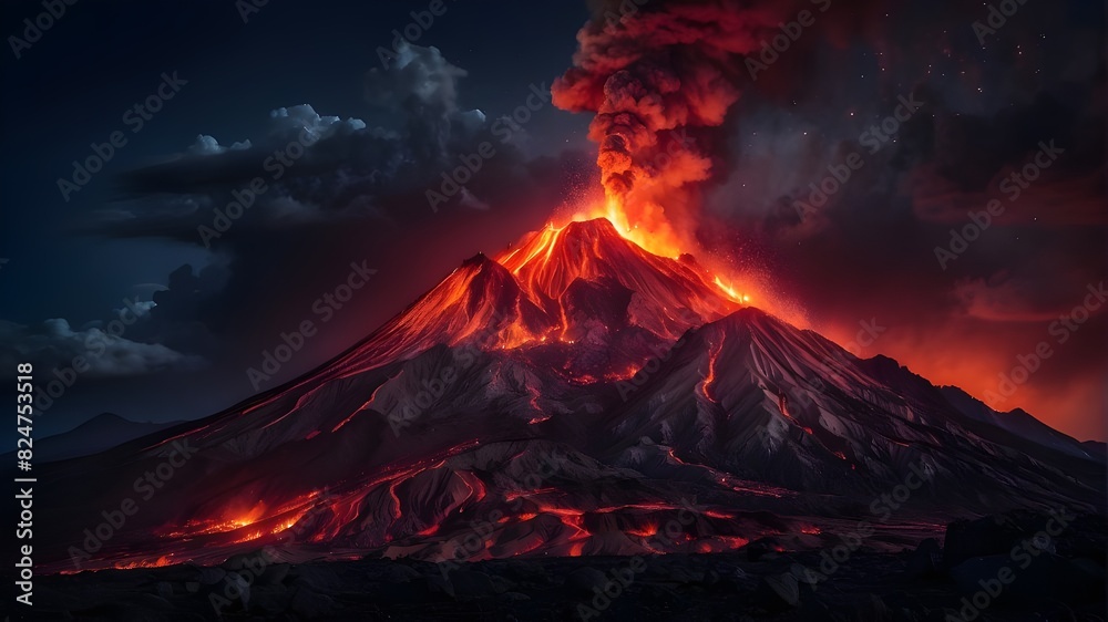 Magnificent Volcanic Explosion Creating a flaming lava glow in the night sky