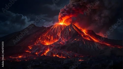 Magnificent Volcanic Explosion Creating a flaming lava glow in the night sky