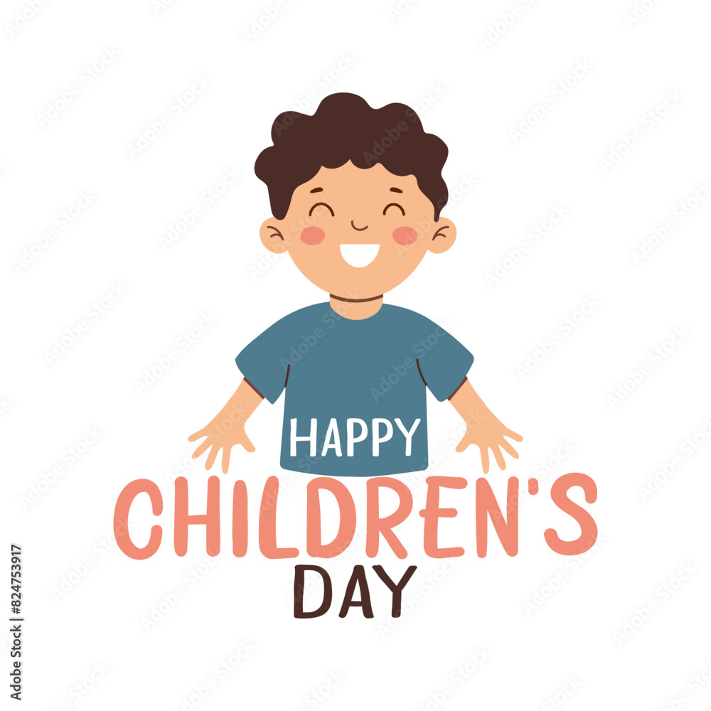 Happy children's day greeting card. Smiling child and colorful lettering isolated on white background. Holiday flat design for banner, poster, flyer. Vector illustration. Happy children's day greeting card. Smiling child and colorful lettering isolated on white background. Holiday flat design for banner, poster, flyer. Vector illustration.