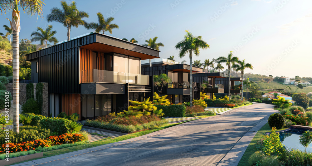 A row of nine houses attached side by side, modern design black and glass front and back, garden in front with driveway and garden at back with swimming pool, palm trees. Generative AI.