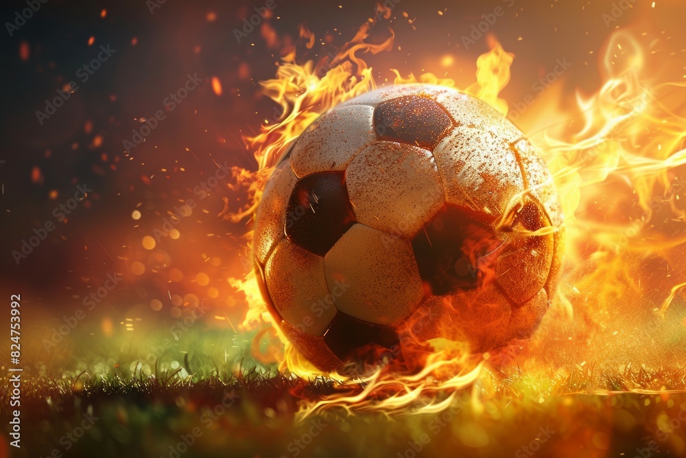 Fototapeta premium soccer ball with flames around it.