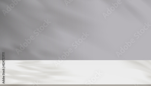 Grey Background Studio and White Podium with light, shadow leaves on cement floor,Banner for Fall,Autumn product presentation,Vector Minimal Scene Display wall room with cream color stand mockup