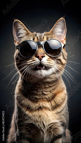 Happy Cat in Sunglasses, Simple Black Modern Background, Fun Animal Illustration