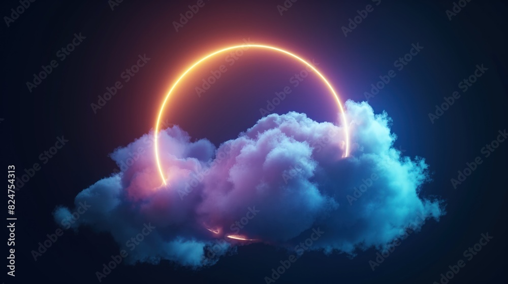 Fototapeta premium Neon glowing ring with vibrant clouds, futuristic background with colorful light effects, abstract digital art design, illuminated circle in dark sky, dreamy atmospheric visuals for creative projects