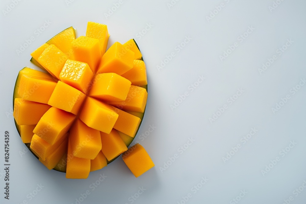 Ripe mango artfully cut into cubes on a white background with ample copy space. Perfect for illustrating healthy eating, summer flavors, or tropical fruit themes in culinary designs