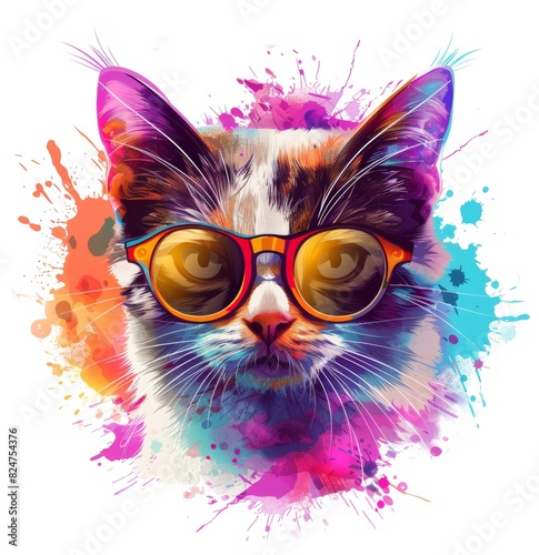 Cool Cat in Sunglasses and Party Hat Surrounded by Bright and Colorful Paint Splashes