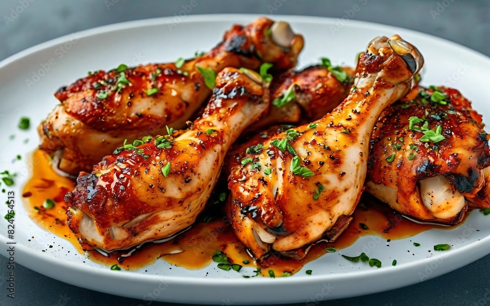 Juicy grilled chicken drumsticks seasoned with fresh herbs on white dish, Ready to eat Juicy grilled chicken drumsticks seasoned with fresh herbs on white dish, Ready to eat