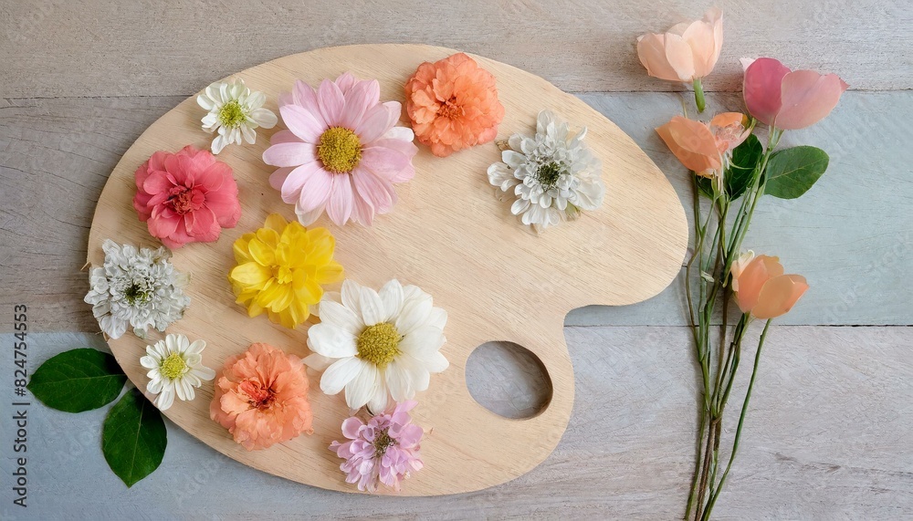 A bright creative artistic background with a palette and multicolored flowers on it. It can be used for postcards, presentations, or social media representing concepts of summer, creativity,  art,
