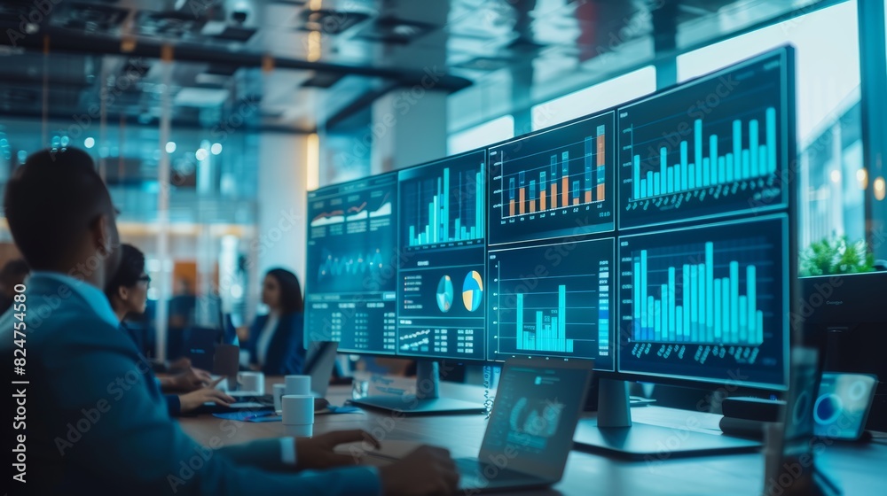 Business team analyzing financial data on multiple screens in a modern office environment Business team analyzing financial data on multiple screens in a modern office environment
