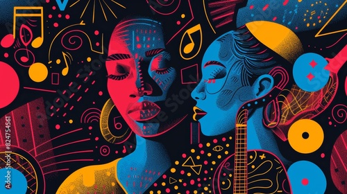 Colorful abstract illustration featuring two women with closed eyes and a guitar in a vibrant musical setting