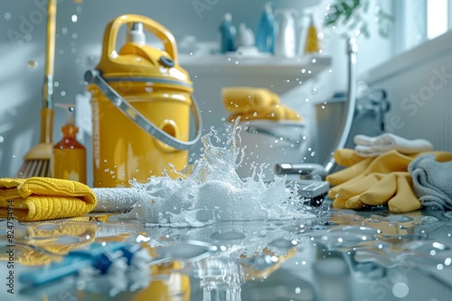 A water splash unexpectedly disrupts cleaning with mop and bucket, leaving bubbles on a bathroom floor with bright yellow tiles.