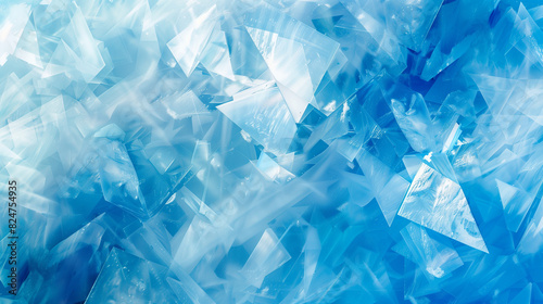 A blue background with ice cubes scattered throughout. The ice cubes are in various sizes and shapes, creating a sense of depth and texture. Scene is cool and refreshing