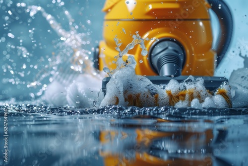 A bright yellow vacuum cleaner efficiently absorbs soapy water on a wet floor, reflecting morning light.