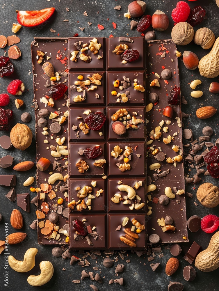 A chocolate bar topped with nuts, cranberries, and dried cherries creating a visually appealing and appetizing snack. Generative AI A chocolate bar topped with nuts, cranberries, and dried cherries creating a visually appealing and appetizing snack. Generative AI