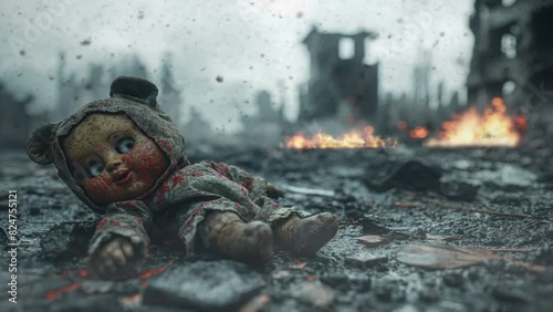 Kid’s doll with city ruin background after apocalypse war animation looping video background  photo