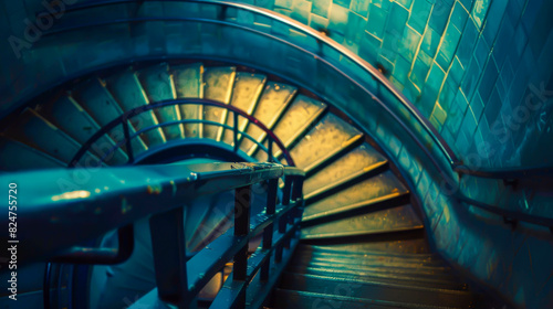 A staircase with a blue railing and a blue and yellow stairway. The stairs are wet and the railing is wet photo