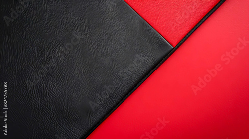 A black and red leather item with a red border. The black and red color combination creates a bold and striking contrast. The leather item could be a wallet, a handbag, or a piece of furniture photo