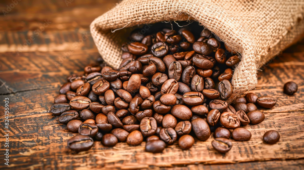 Fototapeta premium A bag of coffee beans is spread out on a wooden table. The beans are of various sizes and are scattered all over the table