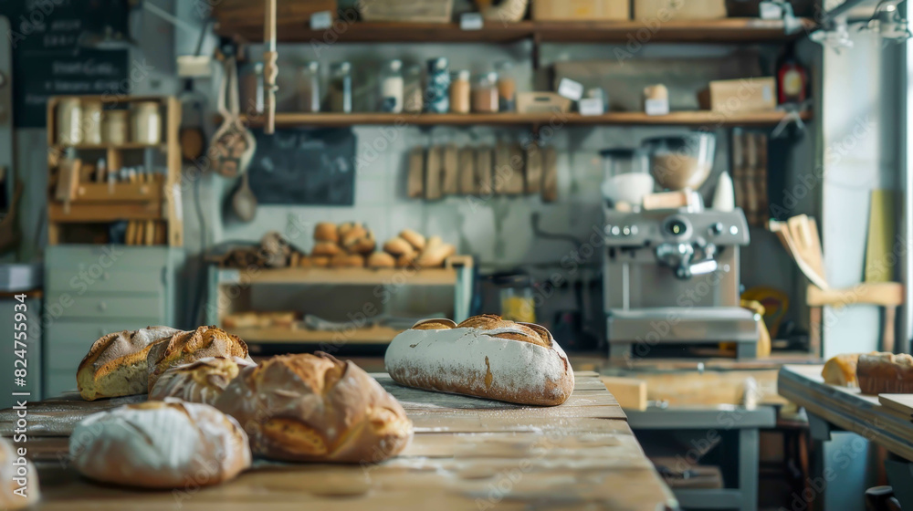 A bakery with a variety of breads on display. Scene is warm and inviting, with the breads arranged neatly on a wooden table A bakery with a variety of breads on display. Scene is warm and inviting, with the breads arranged neatly on a wooden table