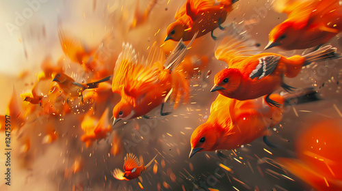 A group of birds flying in the air with a fiery orange background. The birds are in various positions, some are flying higher and some are flying lower. The scene gives off a sense of chaos