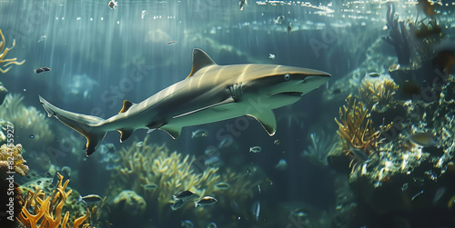 Shark swimming in a giant fish tank. Generative AI. photo