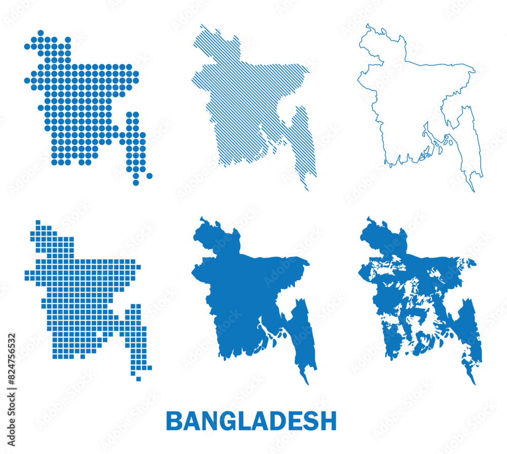 isolated maps of Bangladesh - vector set of silhouettes in different patterns. People's Republic of Bangladesh