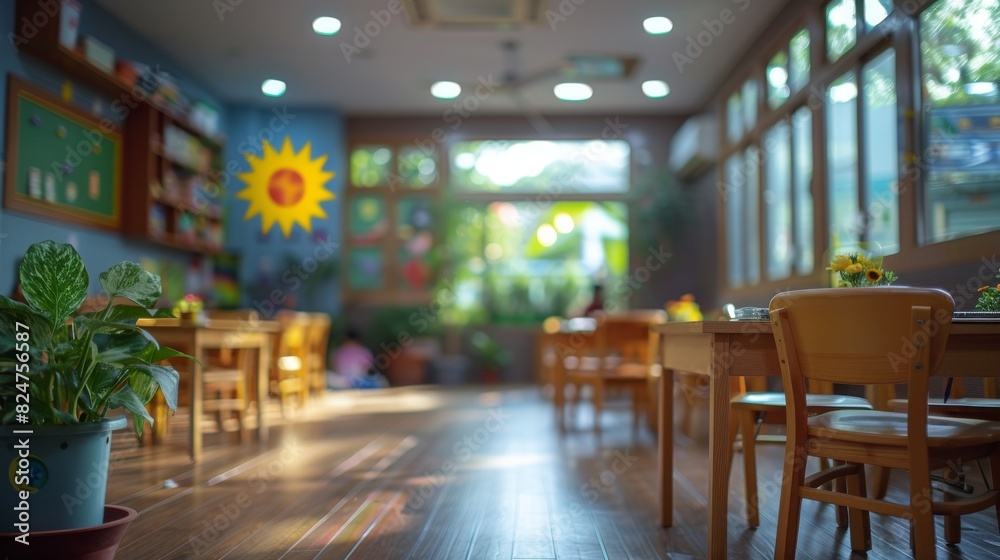A cozy cafe interior with a blurred background, focusing on a sunny window and plant decor, conveying warmth and comfort