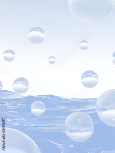 3d rendered vertical artwork of the surface of a fantasy alien planet concept. Abstract Dreamy outer space galactic planet landscape with floating spheres with light refraction.