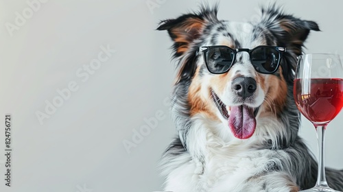 10h portrait of a great australian shepherd wearing sunglasses and holding a glass of red wine, wagging it's tongue, happy expression, banner with copy space photo